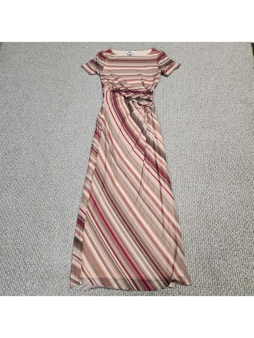 DKNY Dress Mesh Striped Side Knot Boat Neck Midi Size 2 NWT